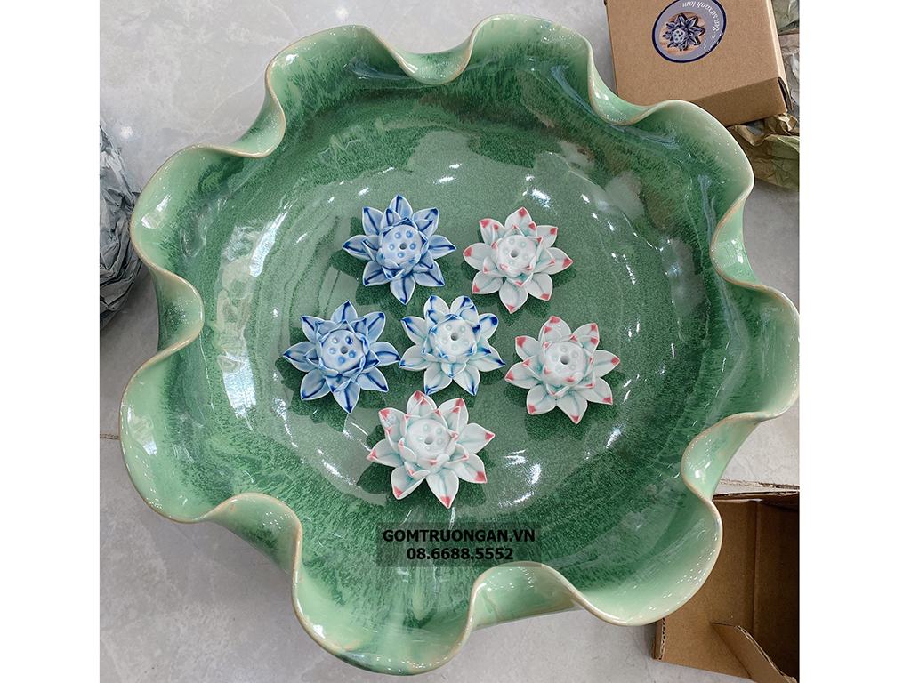 Bát thả hoa thần tài  đường kính 20cm men hỏa biến thiên thanh kèm chân đế(không bao gồm sen sứ) 3